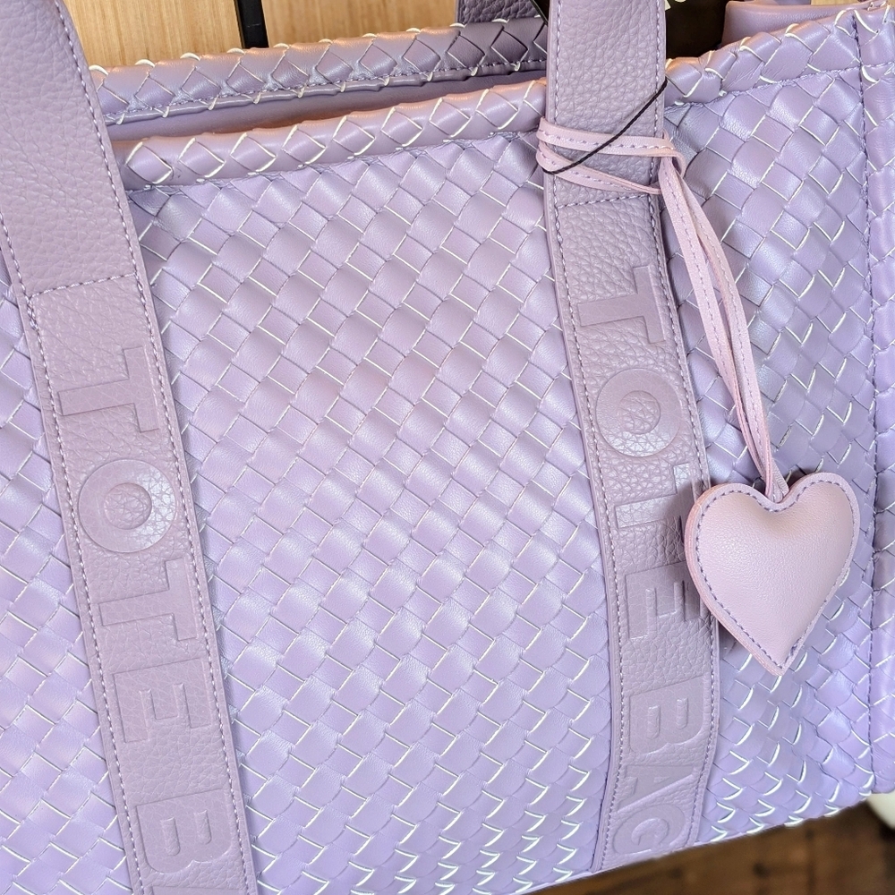 Large Square Woven Tote Bag W/Matching Wallet And Heart Charm 💜 Lavender - Picture 3 of 12